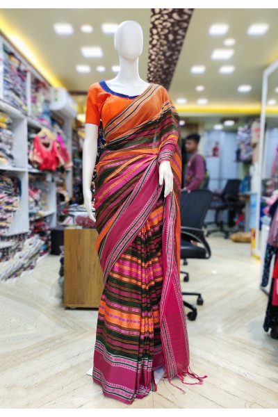 Khadi Cotton Multicolor Self Weaving Stripes Design Saree (KR2240)